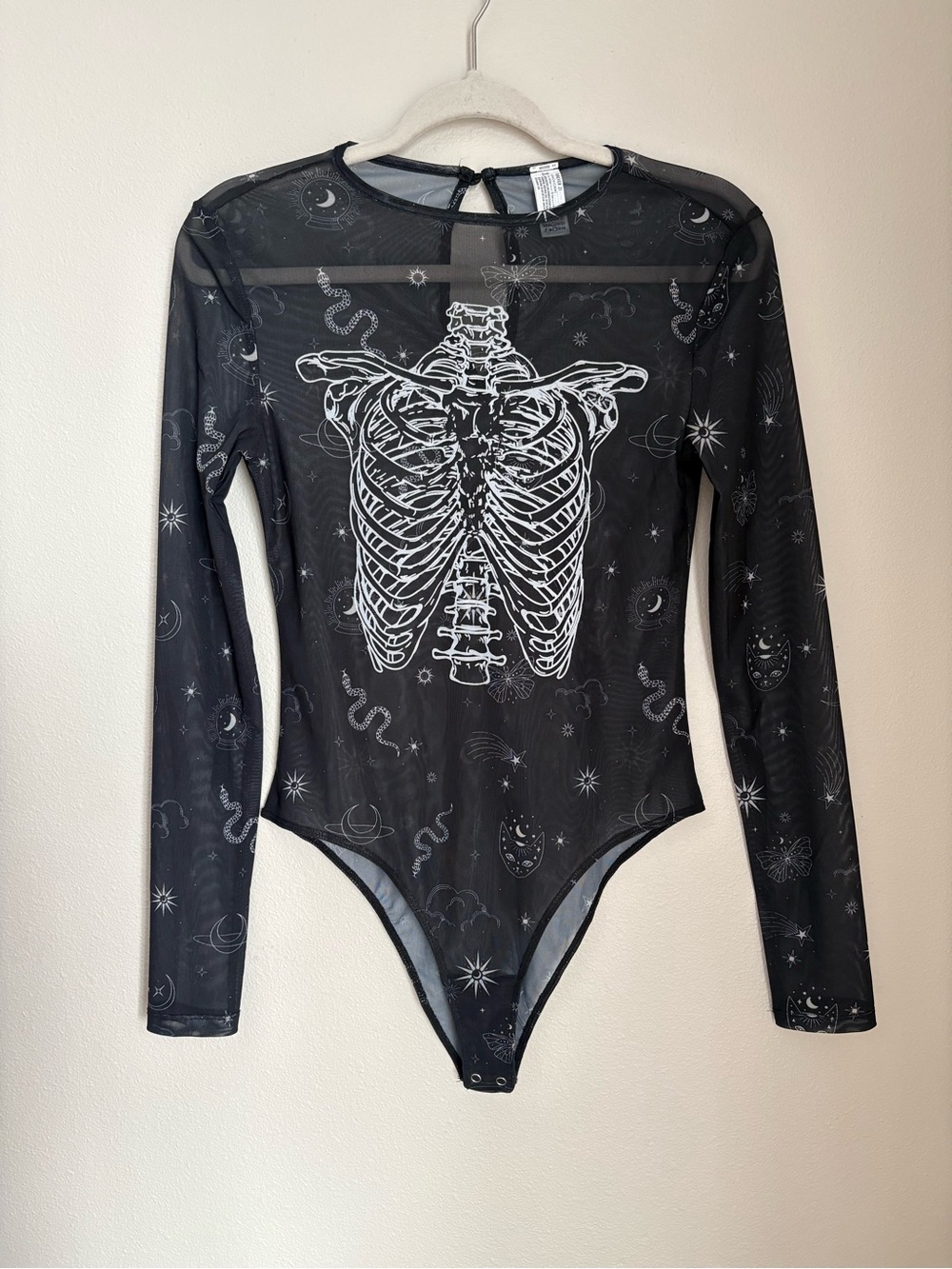 Forever 21 Black Mesh Skeleton Print Long-Sleeve Bodysuit